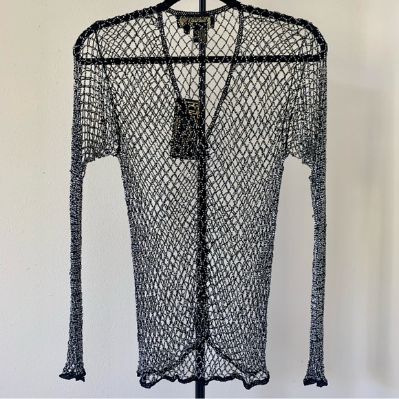 NWT Christine Phillipe Cali Couture Black & Iridescent Beaded Crochet Top Size M - Picture 4 of 6